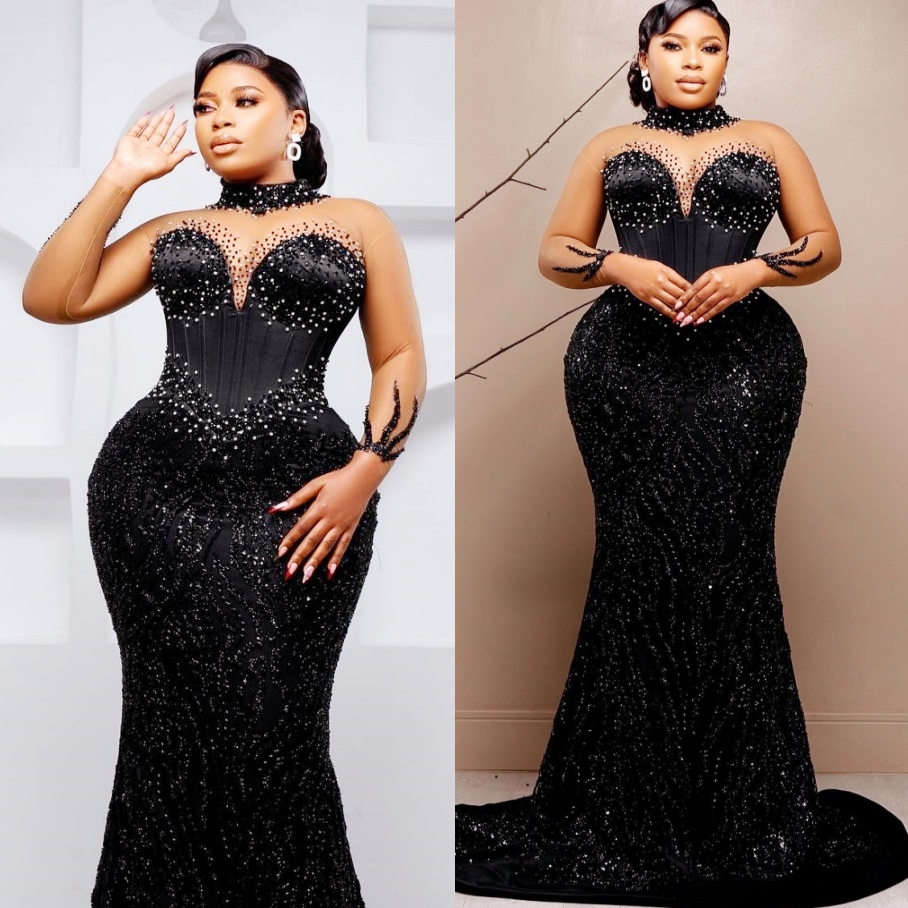 Aso Ebi Black Mermaid Prom Dresses 2025 Beaded Pearls Sheer Neck Evening Formal Party Second Birthday Engagement Gowns Plus Size Dress For Special Occ