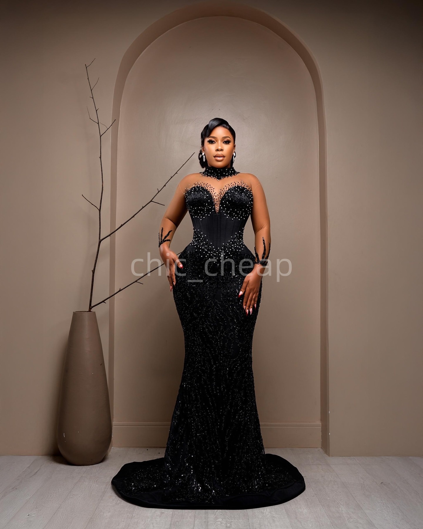 Aso Ebi Black Mermaid Prom Dresses 2025 Beaded Pearls Sheer Neck Evening Formal Party Second Birthday Engagement Gowns Plus Size Dress For Special Occ