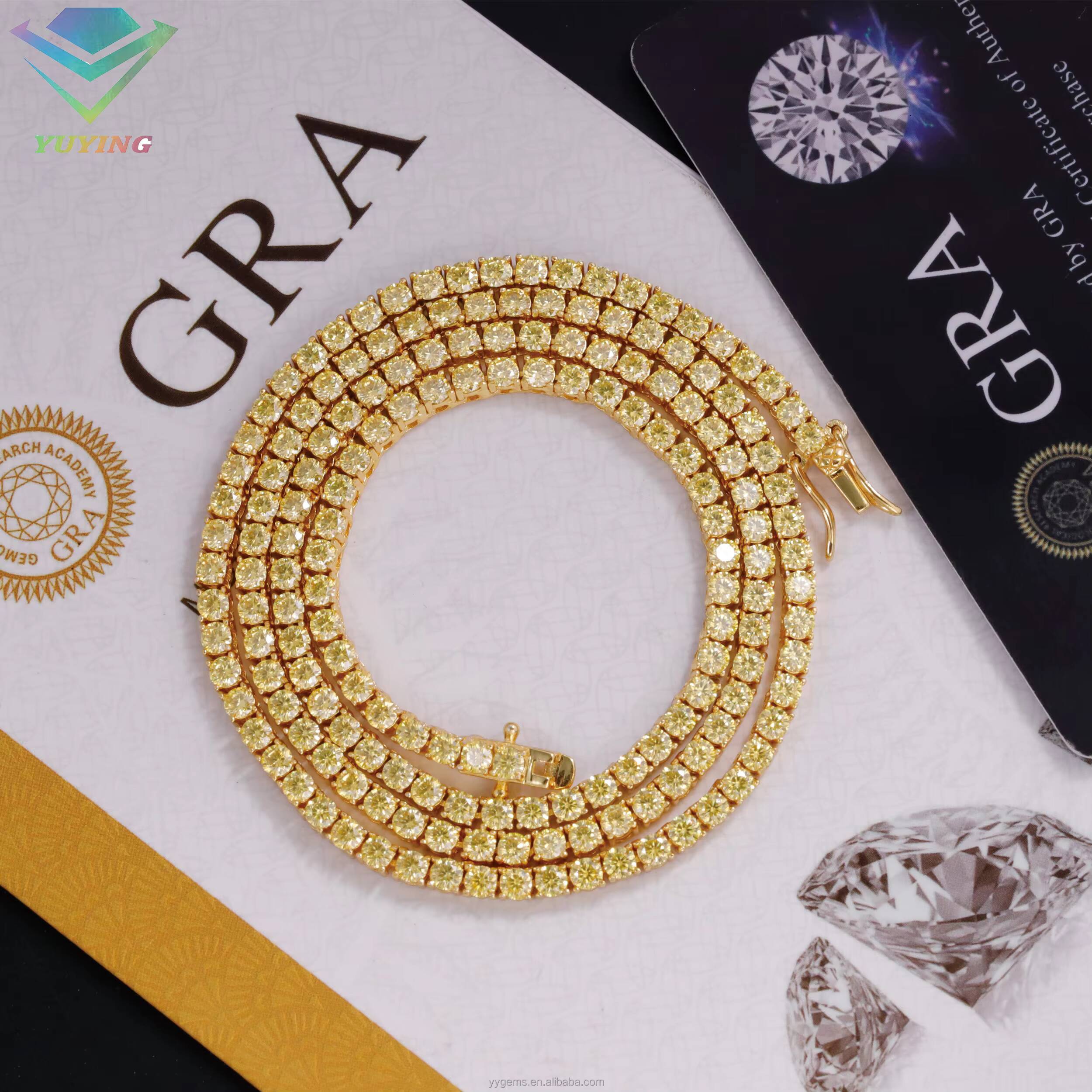 Vivid Yellow Color Moissanite Diamond Tennis Chain S925 Sterling Silver for Womenmans Fine Jewelry Necklace