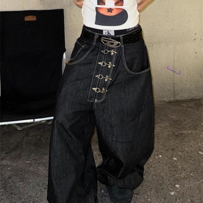 Womens Metal Buckle Curved Wideleg Jeans High Waist Straight Baggy Denim Pants Female Vintage Street Style Trouser Z260313