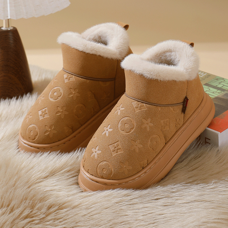 free shipping Fashionable printed home couple faux leather waterproof indoor anti slip home warm slippers with soft sole and plush cotton mop for wint