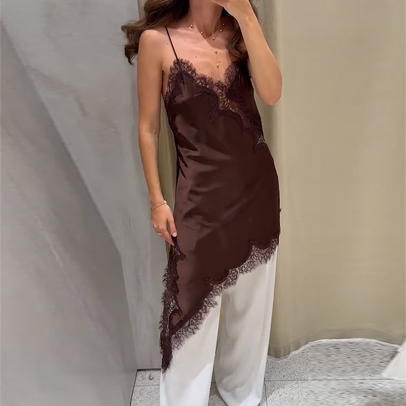 Brown Satin Sexy Lace Spliced Short Sling Dress Women Vneck Sleeveless Backless Asymmetric Party Dresses 2025 Summer Lady Robes 250912