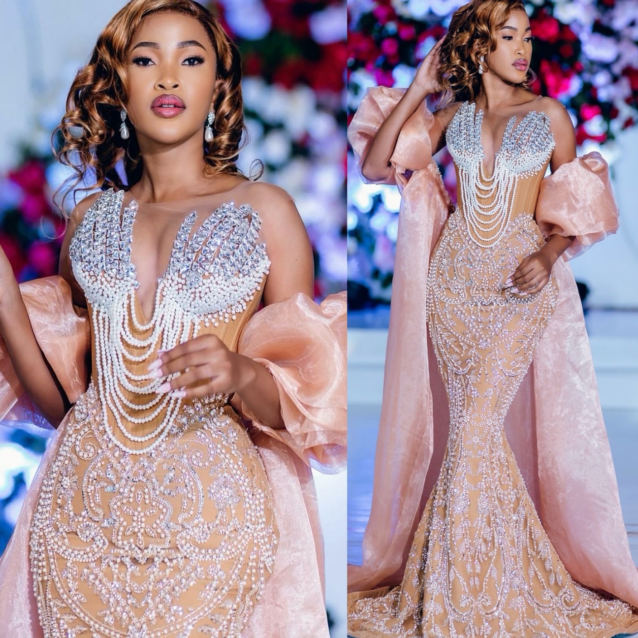 Aso Ebi Champagne Mermaid Prom Dresses 2025 Illusion Crystals Pearls Evening Formal Party Second Birthday Engagement Gowns Plus Size Dress For Special