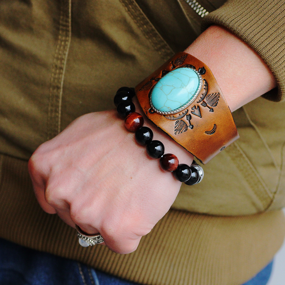 Ethnic Style Fashion Bracelet Cowhide Large Turquoise Totem Texture Light Genuine Leather Bangle ddmymoon