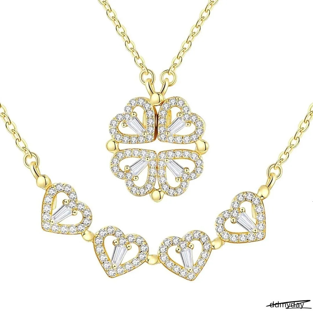 Fashion Double Wear Magnet Four Heart Flower Pendant Necklace For Women Sweet Sexy Female Stainless Steel Neck Chain Jewelry250711 ddmyDay