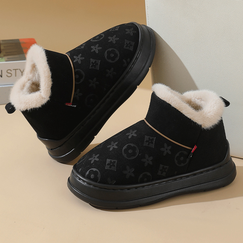 free shipping Fashionable printed home couple faux leather waterproof indoor anti slip home warm slippers with soft sole and plush cotton mop for wint
