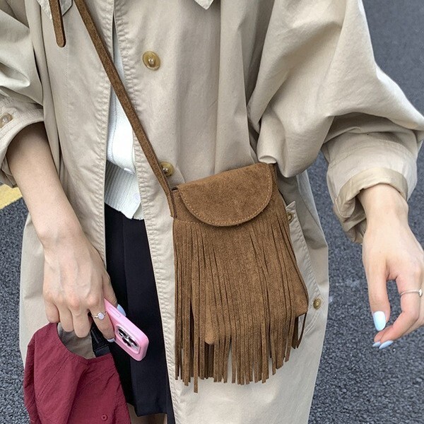 Korean Retro Matte Suede Fringe Women s Phone Bag Fashion Trend Suede design Women s Shoulder Bag Autumn New Designer Bag Women s Crossbody Bag