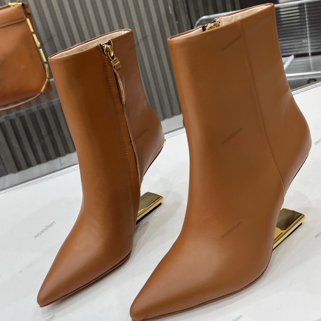 Designer Women Boots Gold metal diagonal F - shaped stereo heel Top quality ankle boots Genuine Leather luxury shoes Size 35-42 with box