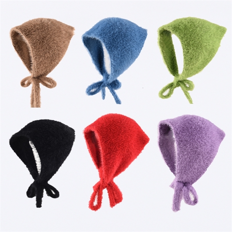 French Style Headscarf For Women in Autumn And Winter Warm Plush Knitted Yarn Triangular Scarf Cute Tie Headband Hat250912