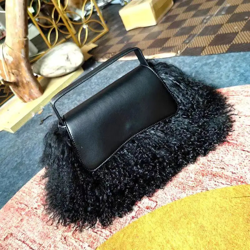Jxwatcher ious Fashion Leather Handbag with Fur Autumn Winter Fluffy Real Mongolian Sheep Fur Bag Casual Evening Party Bags 250912