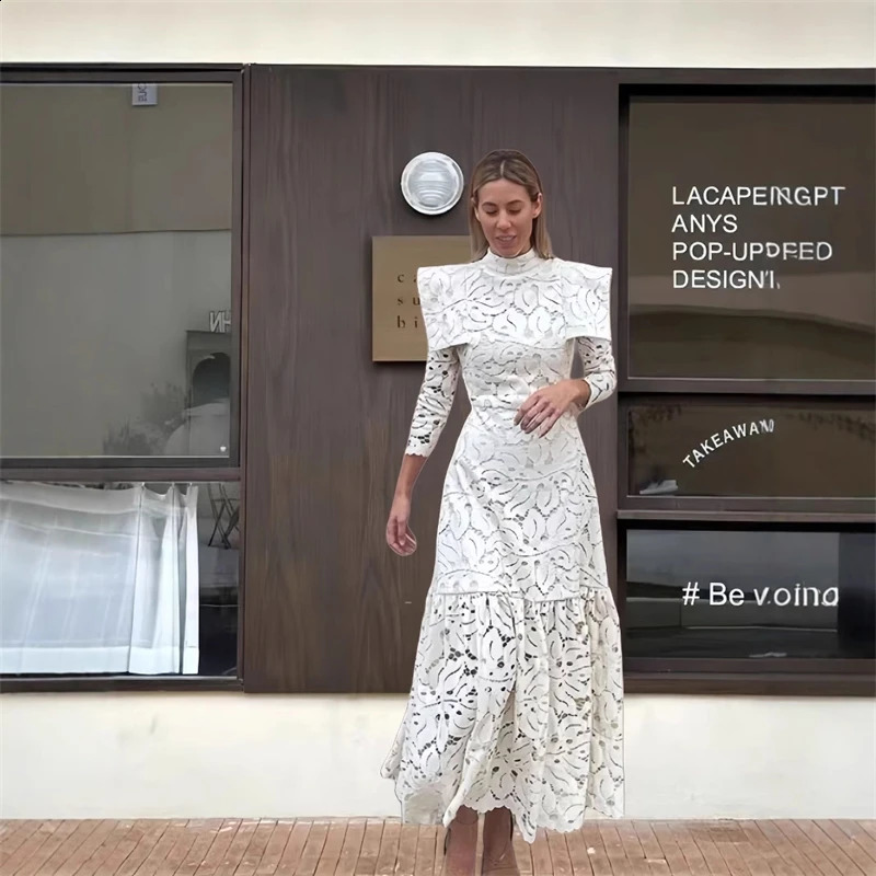 Elegant Hollow Out Long Dress Women High Collar Long Sleeve Slim Solid Dresses 2025 Spring Summer Patchwork Lady Party Robe 250912