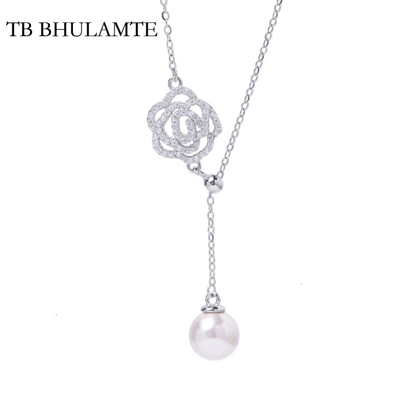 TB BHULAMTE S925 Pure Silver Camellia Accessories Pearl Pendant Necklace Women's Fashionable Niche High-end Luxury Designer Chain Jewelry Minimal