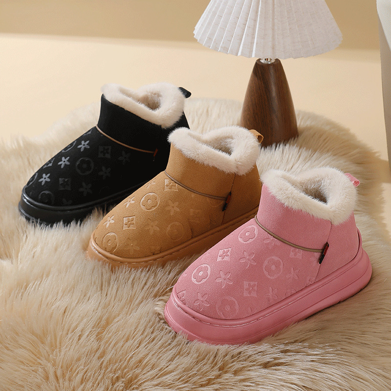 free shipping Fashionable printed home couple faux leather waterproof indoor anti slip home warm slippers with soft sole and plush cotton mop for wint