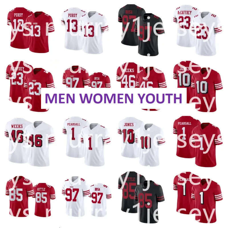 NFL Ricky Pearsall Deebo Samuel Sr Nick Bosa Jersey George Kittle Brandon Aiyuk Fred Warner Brock Purdy Christian McCaffrey Kyle Juszczyk 49er Football Jerseys