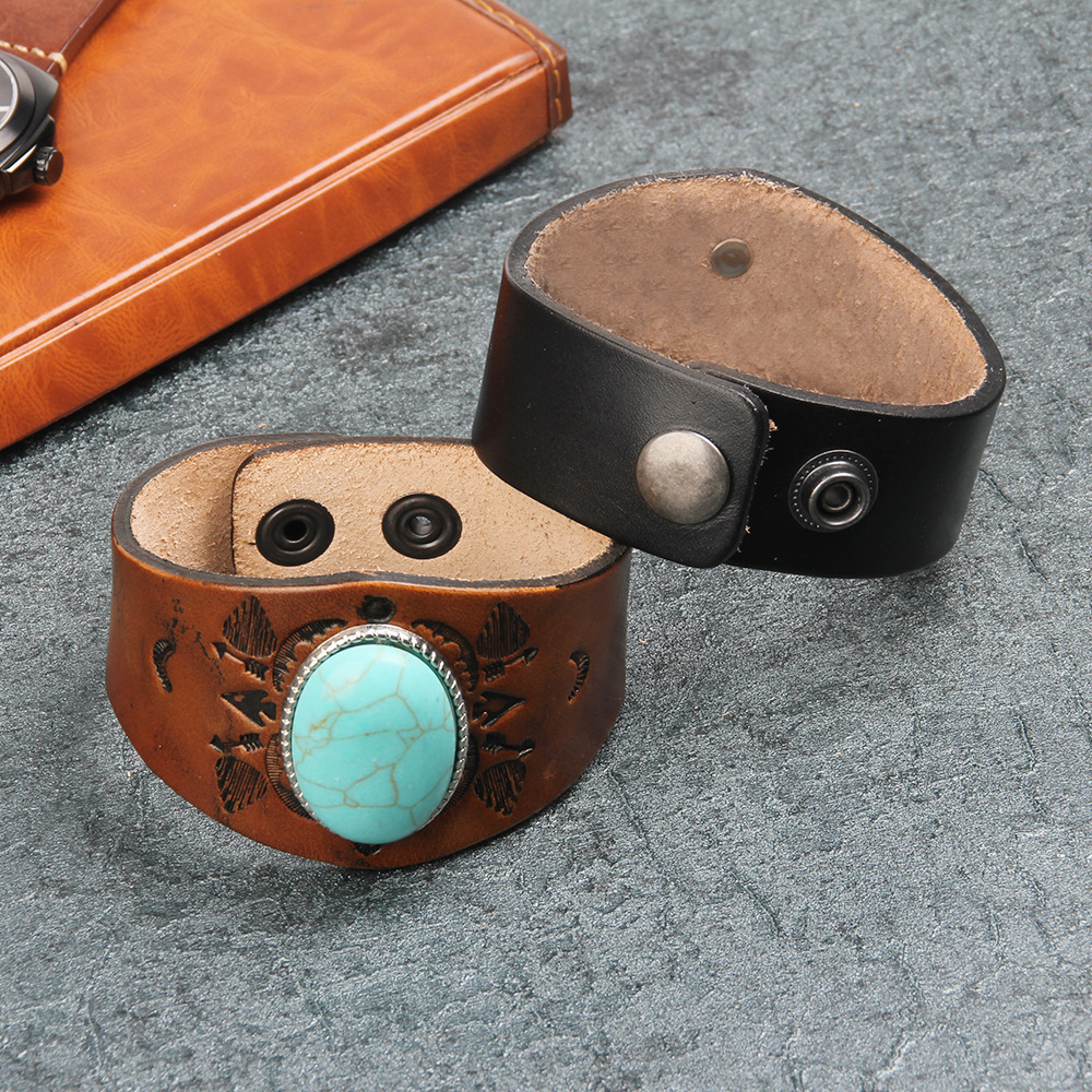 Ethnic Style Fashion Bracelet Cowhide Large Turquoise Totem Texture Light Genuine Leather Bangle ddmymoon