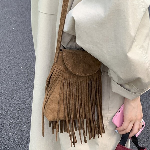 Korean Retro Matte Suede Fringe Women s Phone Bag Fashion Trend Suede design Women s Shoulder Bag Autumn New Designer Bag Women s Crossbody Bag
