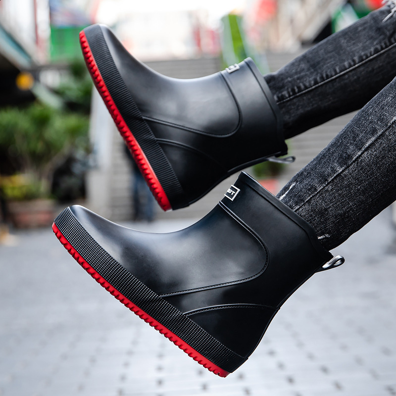 Mens MidCalf Waterproof NonSlip Fashionable Outdoor Water Shoes Short Tube Overshoes FleeceLined Water Shoes Fishing Rubber Shoes 241115