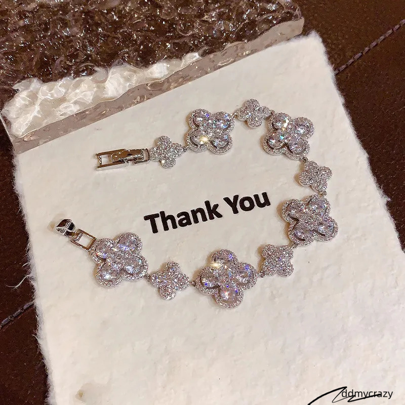 Super Shiny Zircon Hollow Lucky Clover Spring Summer New High-Value Brightening Bracelet Light High-End Feel Women's Jewelry ddmycrazy