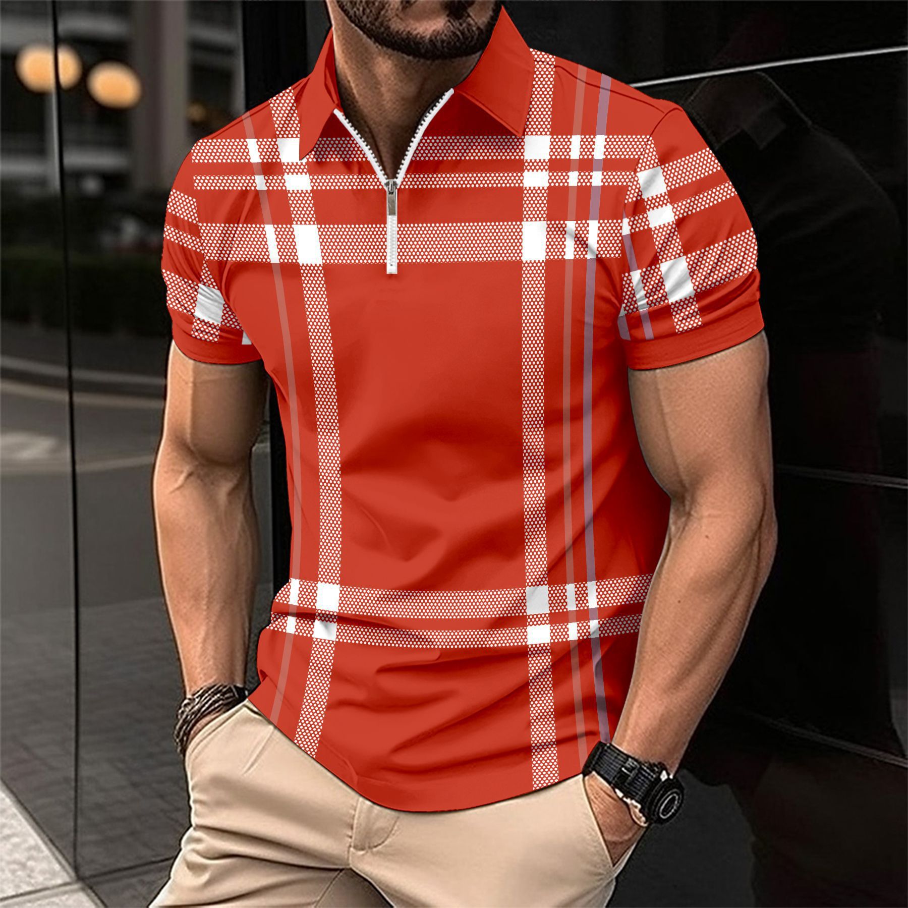 Mens Fashion Business Polo Shirt Summer Casual Short Sleeves Tops Plaid Pattern Print Button Loose Clothes