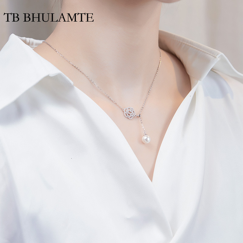 TB BHULAMTE S925 Pure Silver Camellia Accessories Pearl Pendant Necklace Women's Fashionable Niche High-end Luxury Designer Chain Jewelry Minimal
