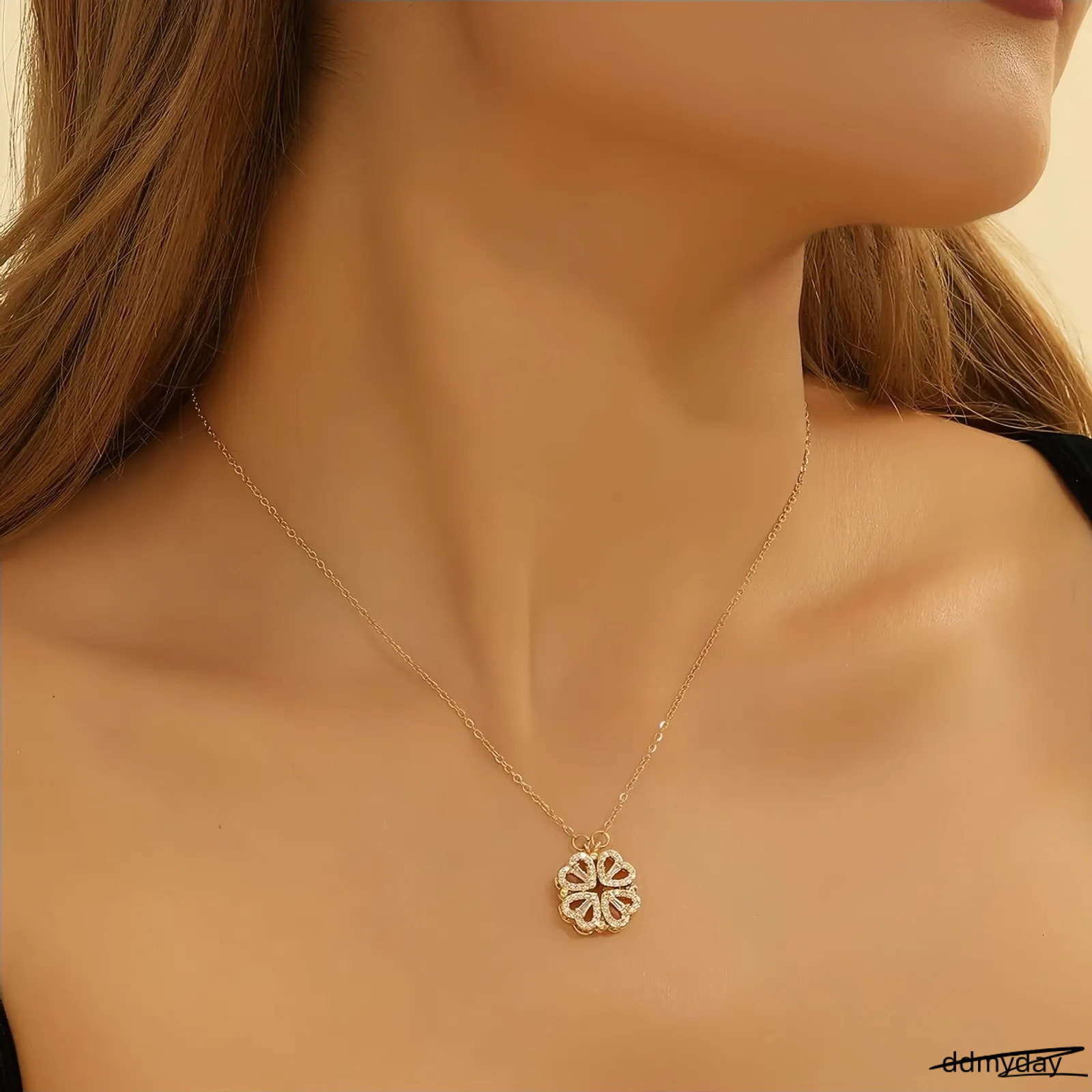 Fashion Double Wear Magnet Four Heart Flower Pendant Necklace For Women Sweet Sexy Female Stainless Steel Neck Chain Jewelry250711 ddmyDay