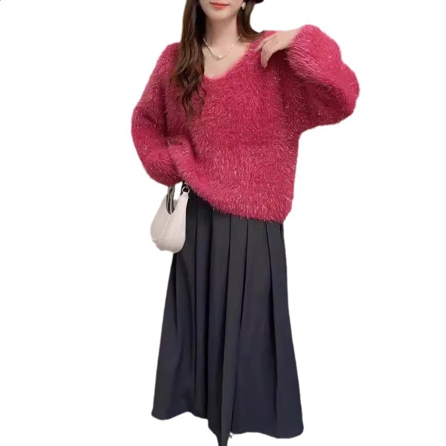 Soft Faux Mink Velvet Short Sweater for Women New Autumn Winter Lazy Style Loose Shiny Knitted VNeck Top 210430