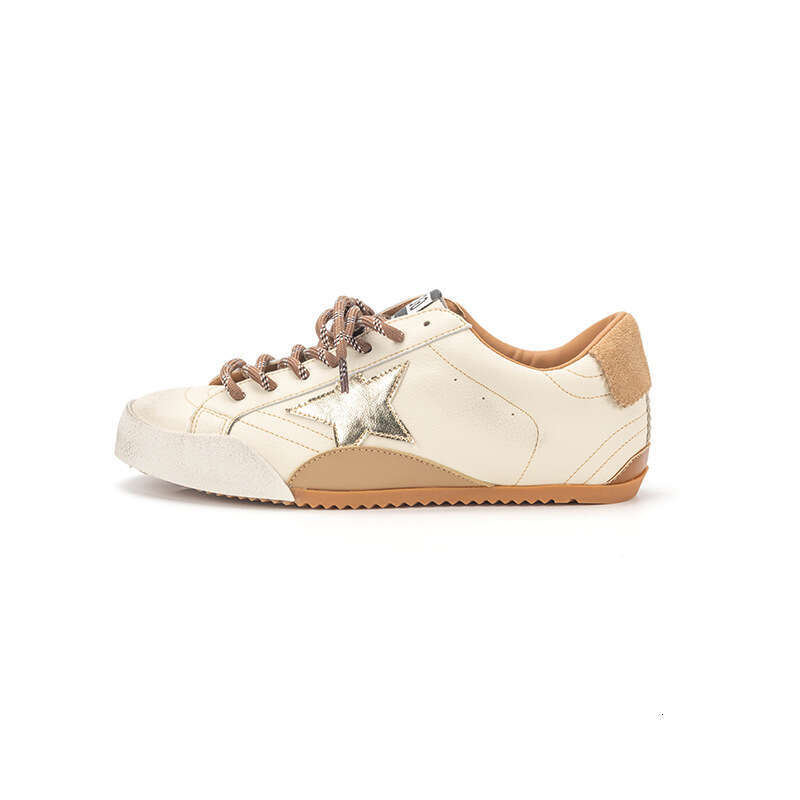 Genuine Leather Inner Height Increase Star Distressed Little Dirty for Women Korean Version Versatile Color Block Lace-up Casual Sports White Shoes