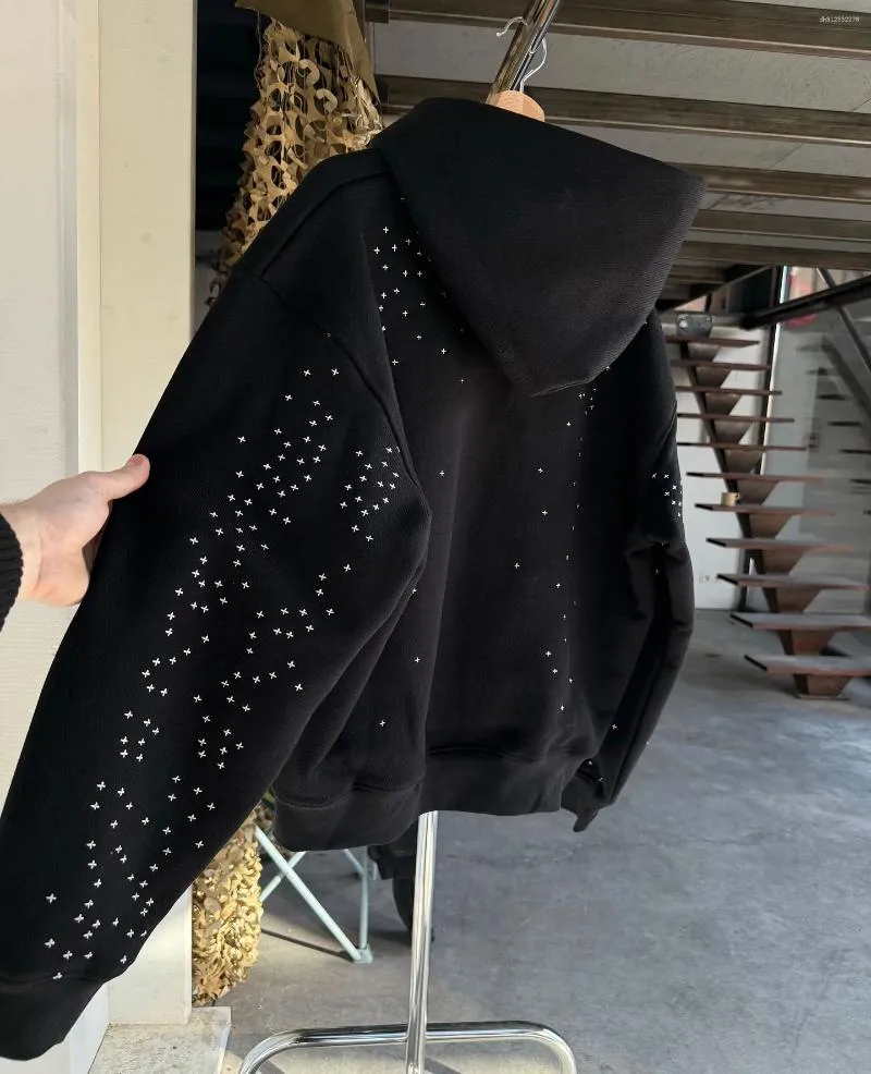 Men's Hoodies Retro Star Cross Full Embroidery Zip Up Hoodie Gothic Oversized Loose Black Street Casual Sweatshirt Men Clothing