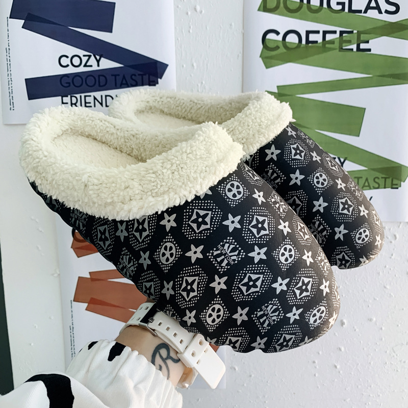 Designer slippers, cotton slippers, men's autumn and winter with heels, fleece warmth, indoor anti-slip bag, thick-soled home bread, home cotton 