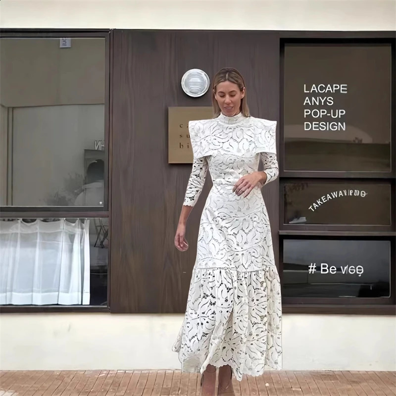 Elegant Hollow Out Long Dress Women High Collar Long Sleeve Slim Solid Dresses 2025 Spring Summer Patchwork Lady Party Robe 250912
