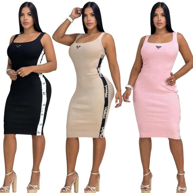 26ss new Women Casual desinger vest knitted Dresses long slim fit printed letters Party club skirits with stickers