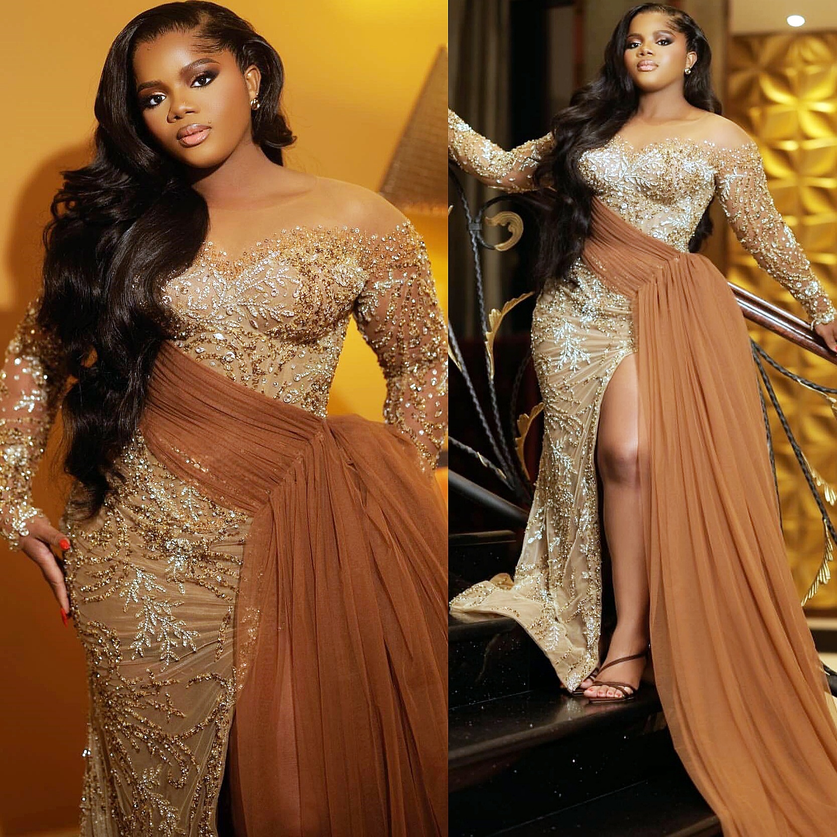 Aso Ebi Brown Mermaid Prom Dresses 2025 Lace Beaded Crystals Illusion Evening Formal Party Second Birthday Engagement Gowns Plus Size Dress For Specia