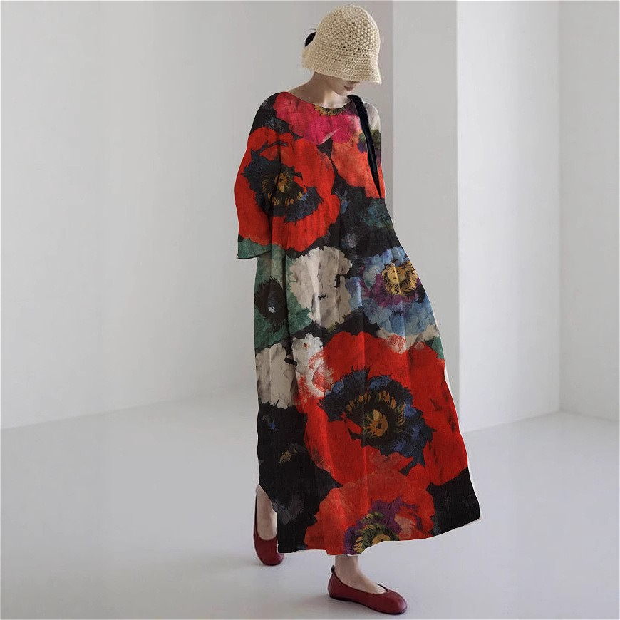 544 Summer new European and American women's loose round neck fashionable high-end short-sleeved printed dress