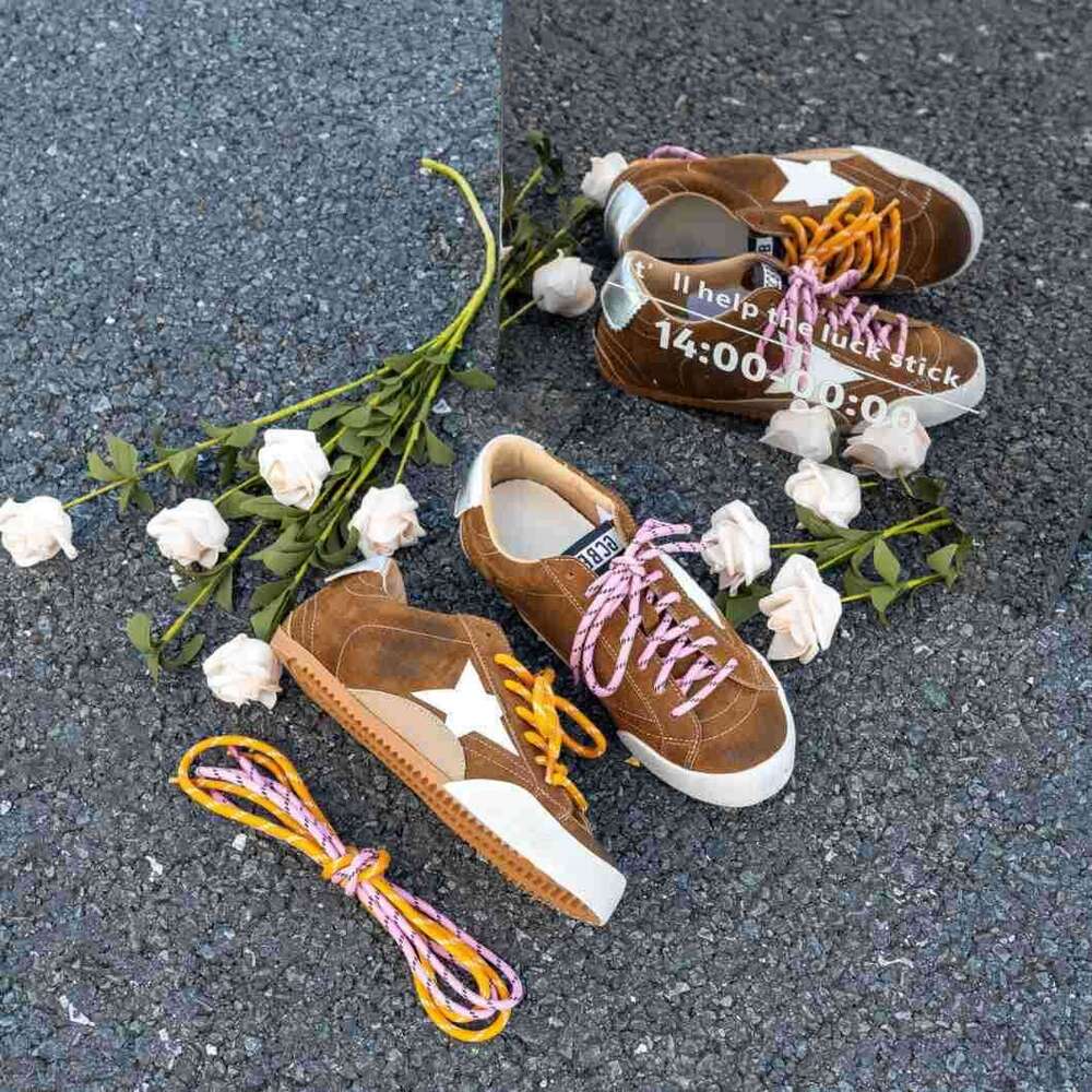 Genuine Leather Inner Height Increase Star Distressed Little Dirty for Women Korean Version Versatile Color Block Lace-up Casual Sports White Shoes