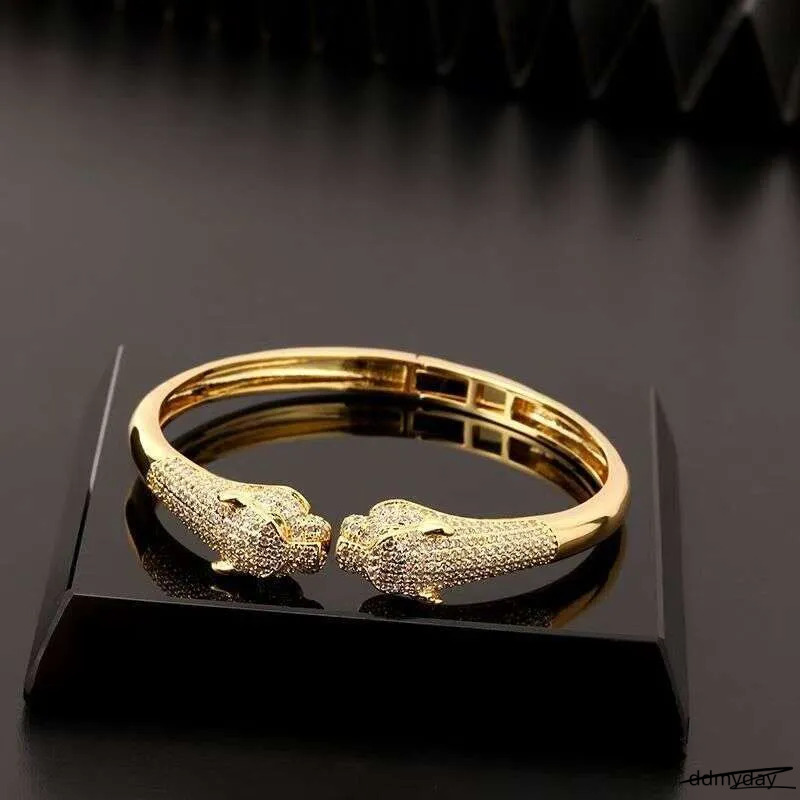 Leopard Print Open Cuff Bracelet - Gold Plated Hip Hop Bangle With Zircon Stones | Animal Jewelry For Women & Men ddmyDay