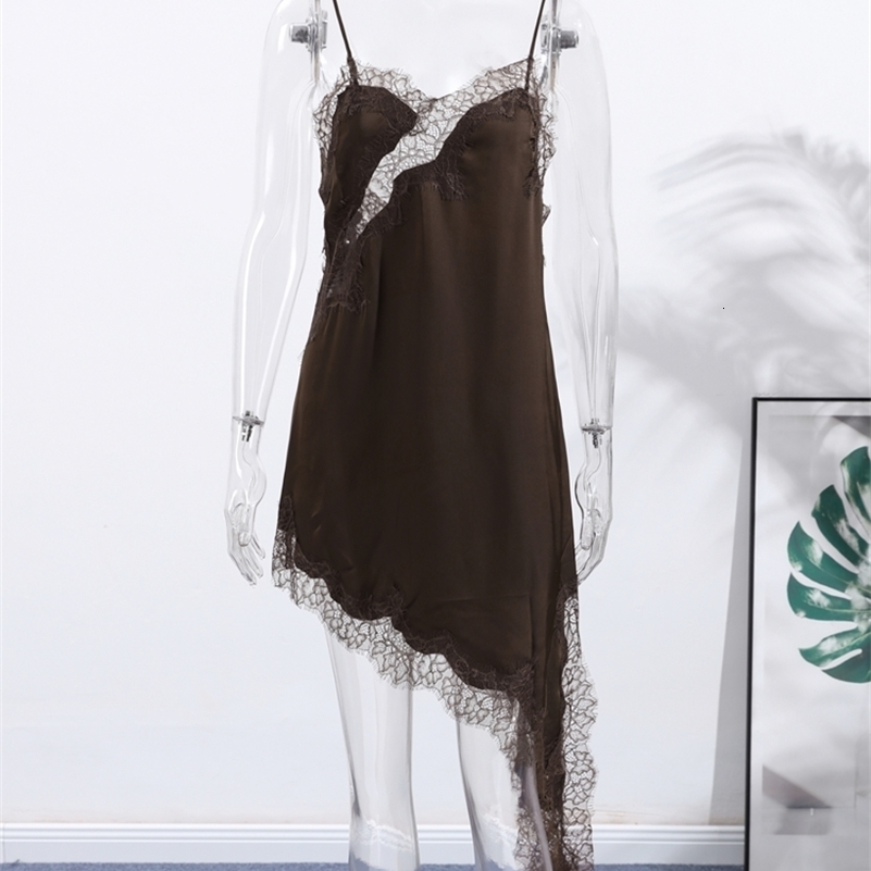 Brown Satin Sexy Lace Spliced Short Sling Dress Women Vneck Sleeveless Backless Asymmetric Party Dresses 2025 Summer Lady Robes 250912