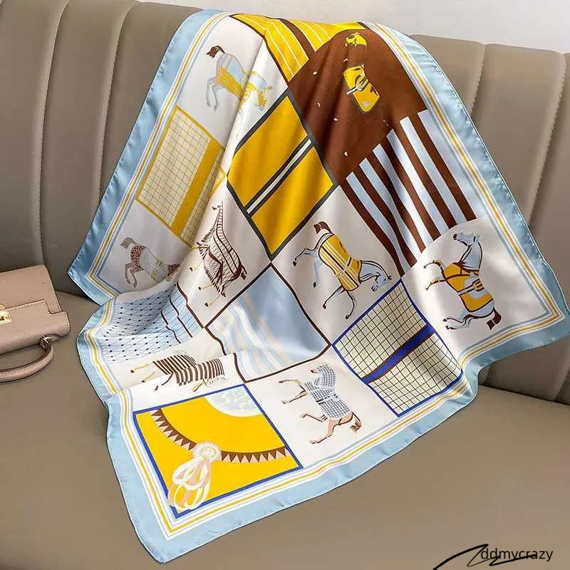 2023 Design Fashion Square Silk Scarf Womens Navy Blue And Printed Small Satin Shls Fountain Collar Headband Bandana W250118