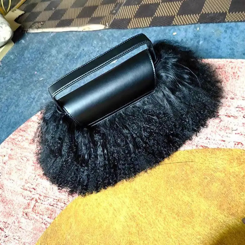 Jxwatcher ious Fashion Leather Handbag with Fur Autumn Winter Fluffy Real Mongolian Sheep Fur Bag Casual Evening Party Bags 250912