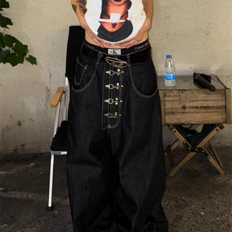 Womens Metal Buckle Curved Wideleg Jeans High Waist Straight Baggy Denim Pants Female Vintage Street Style Trouser Z260313