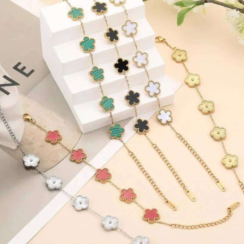 Double Sided Clover Bracelet for Women 14K Gold Silver Plated Stainless Steel Plant Flowers Link Charm Bracelets Jewelry Gift