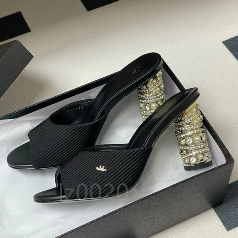 luxury paris design ladies 8cm high heels summer Pearl high-heeled Slippers square toe Luxury designer brand sandals fashion party slide flip flops Designer slide