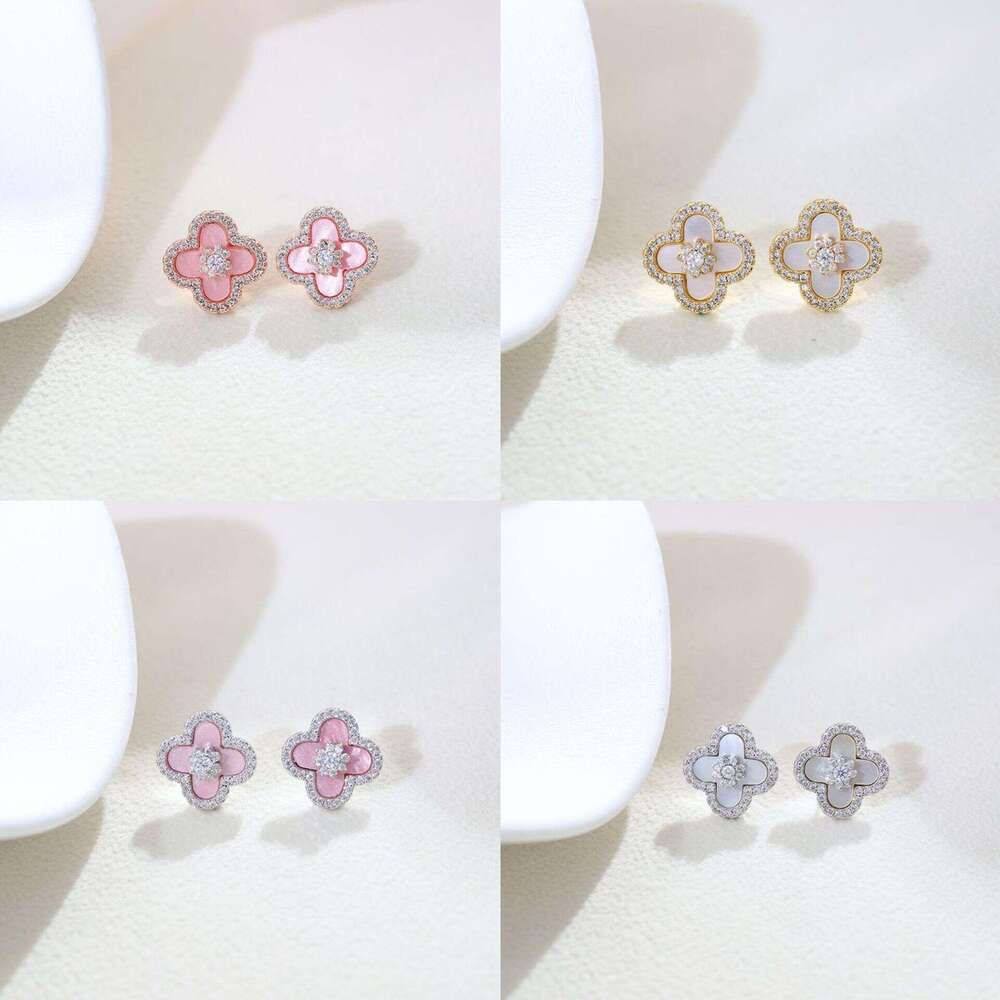 Pink Shell Four-Leaf Flower Earrings Necklace Four-Piece High-End Light Niche Jewelry Set for Women