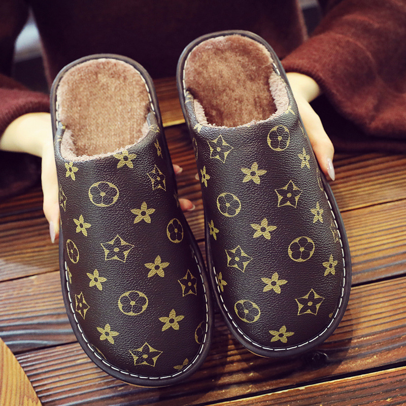 2025 New Premium Leather House Slippers for Men and Women, Winter Warm Thermal Lined Thick Sole Non-Slip Indoor Waterproof Home Slides