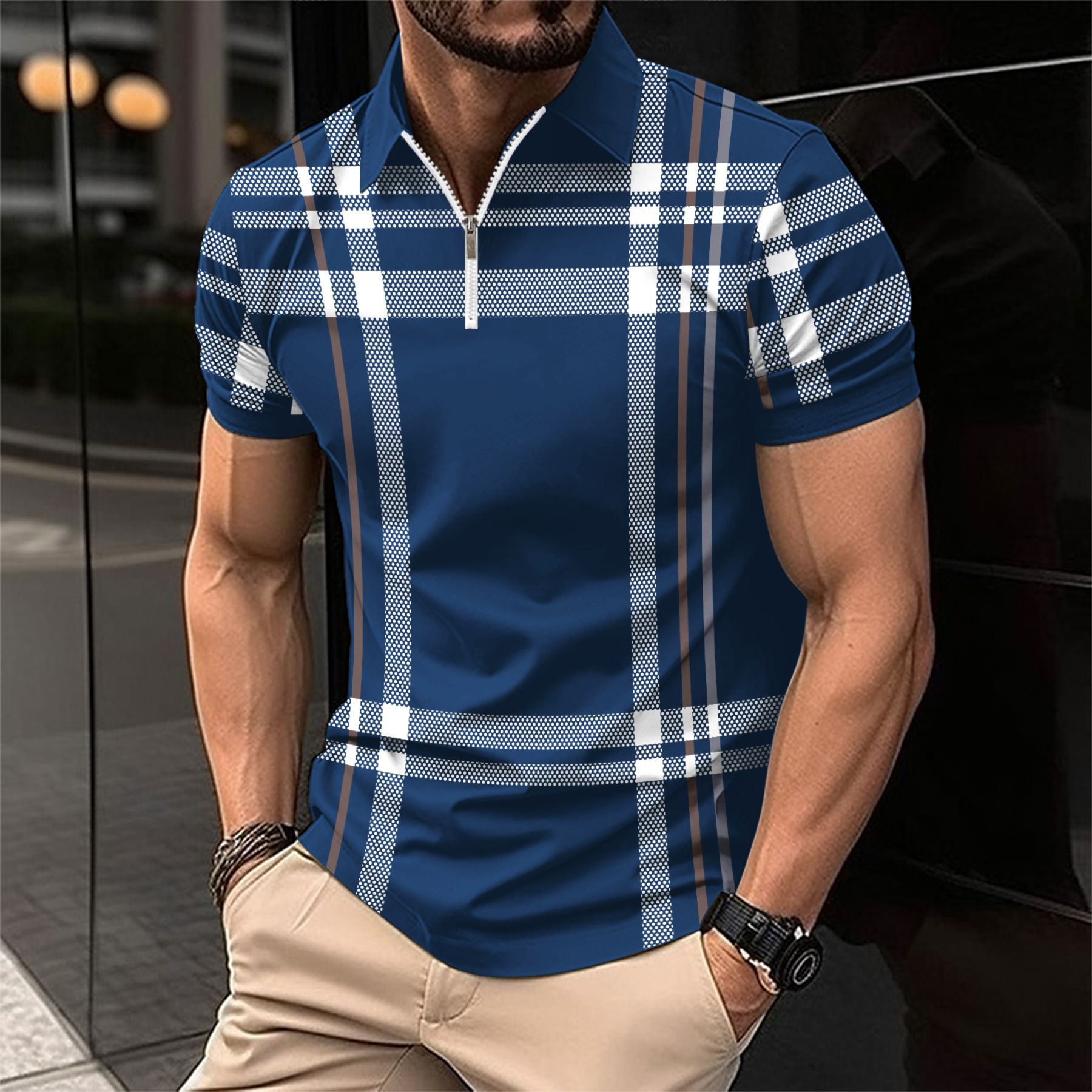 Mens Fashion Business Polo Shirt Summer Casual Short Sleeves Tops Plaid Pattern Print Button Loose Clothes