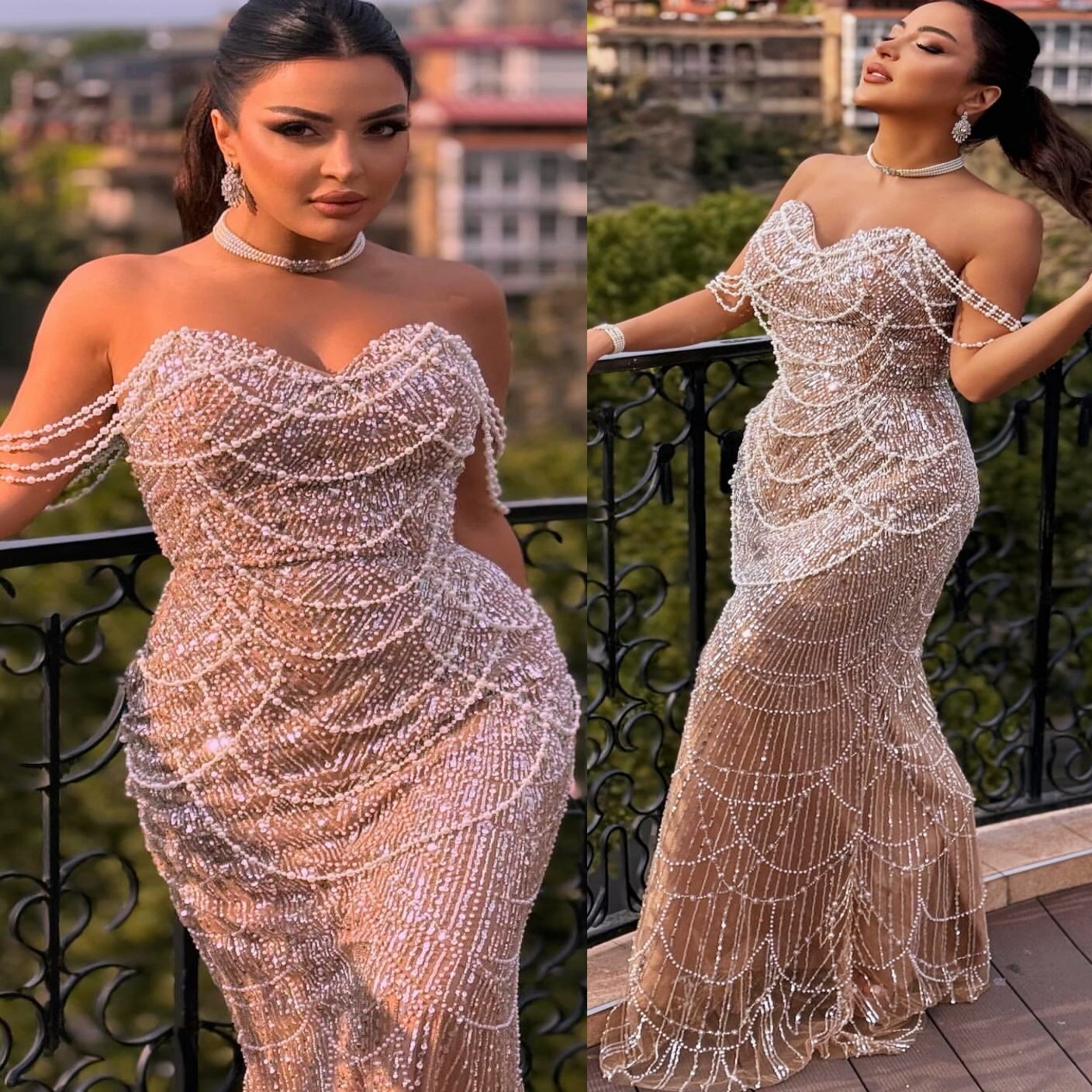 Aso Ebi Champagne Mermaid Prom Dresses 2025 Illusion Sequined Pearls Evening Formal Party Second Birthday Engagement Gowns Plus Size Dress For Special
