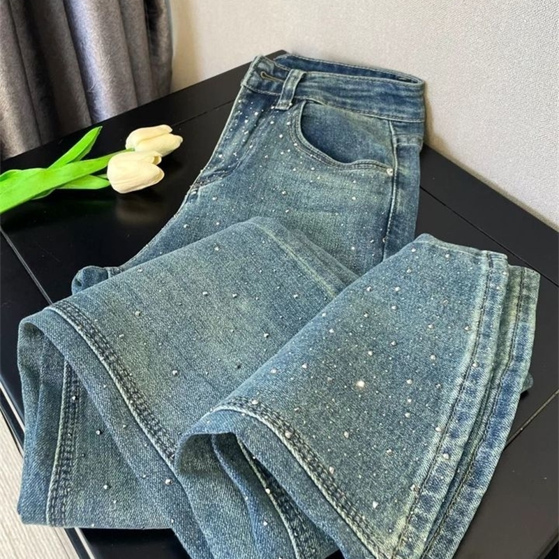Retro Washed Diondencrusted Jeans Womens Spring Sense Highwaisted Straightleg Loose Wideleg Mopping Pants Z260313