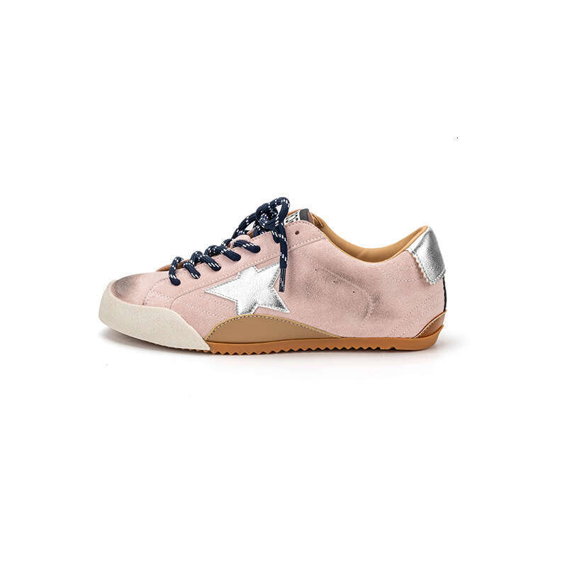 Genuine Leather Inner Height Increase Star Distressed Little Dirty for Women Korean Version Versatile Color Block Lace-up Casual Sports White Shoes