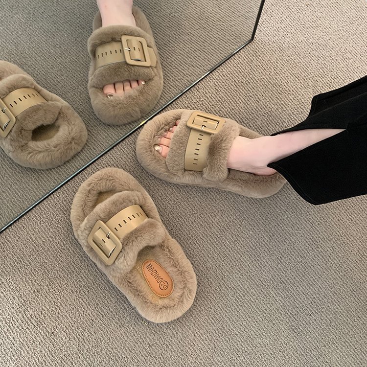 Free shipping designer slippers for womens flat slippers black beige khaki New autumn and winter fashion versatile plush slippers