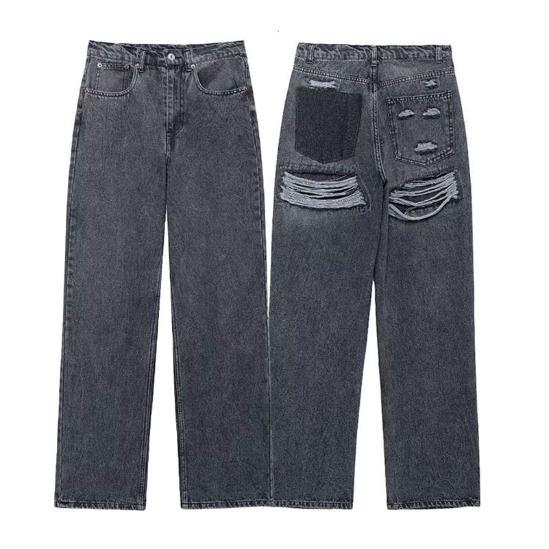 TRAFZA Womens Street Fashion Denim Blue Jeans Distressed Patchwork High Waist Zipper Fly Ripped Retro Long Pants Z260313