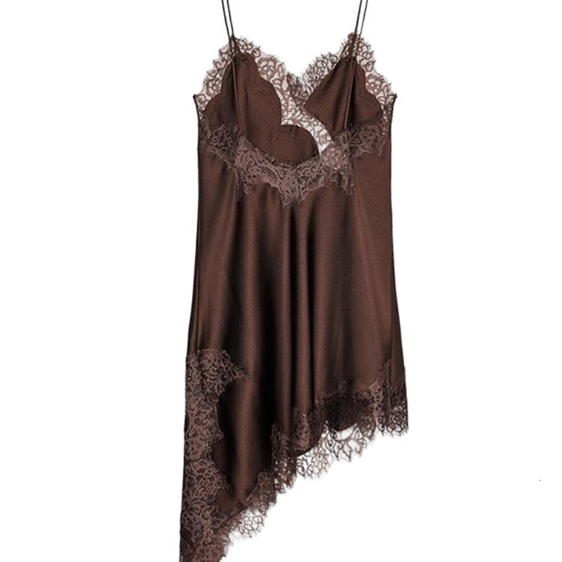 Brown Satin Sexy Lace Spliced Short Sling Dress Women Vneck Sleeveless Backless Asymmetric Party Dresses 2025 Summer Lady Robes 250912